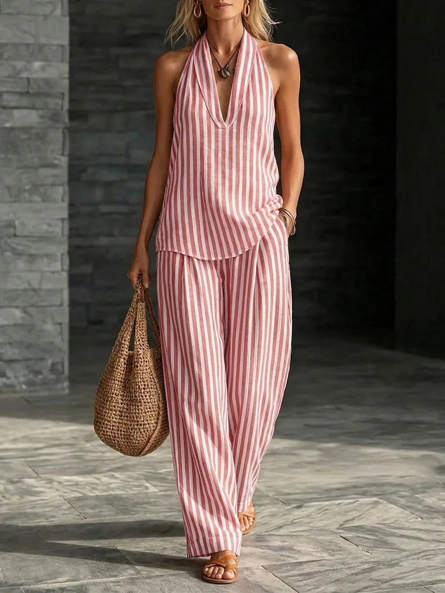 Sofía Linen Effect Set with Halter Top and Wide Striped Pants
