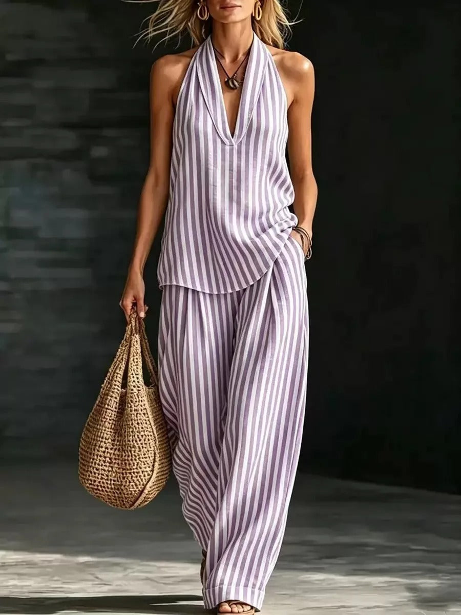 Sofía Linen Effect Set with Halter Top and Wide Striped Pants