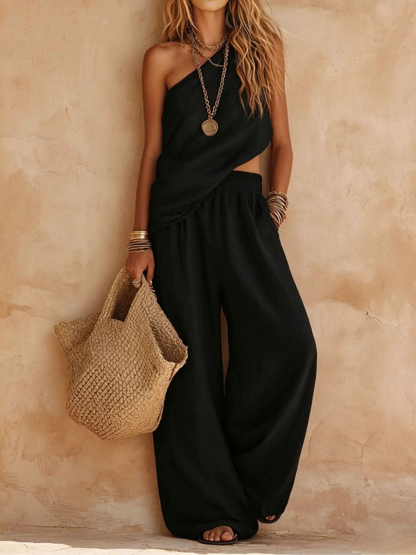 Pink One-shoulder Sleeveless Top And Pants Casual Set