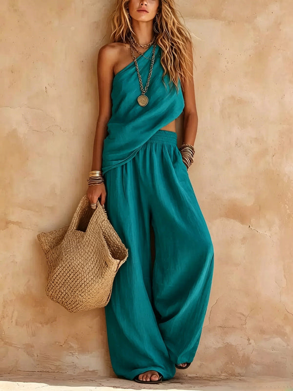 Pink One-shoulder Sleeveless Top And Pants Casual Set