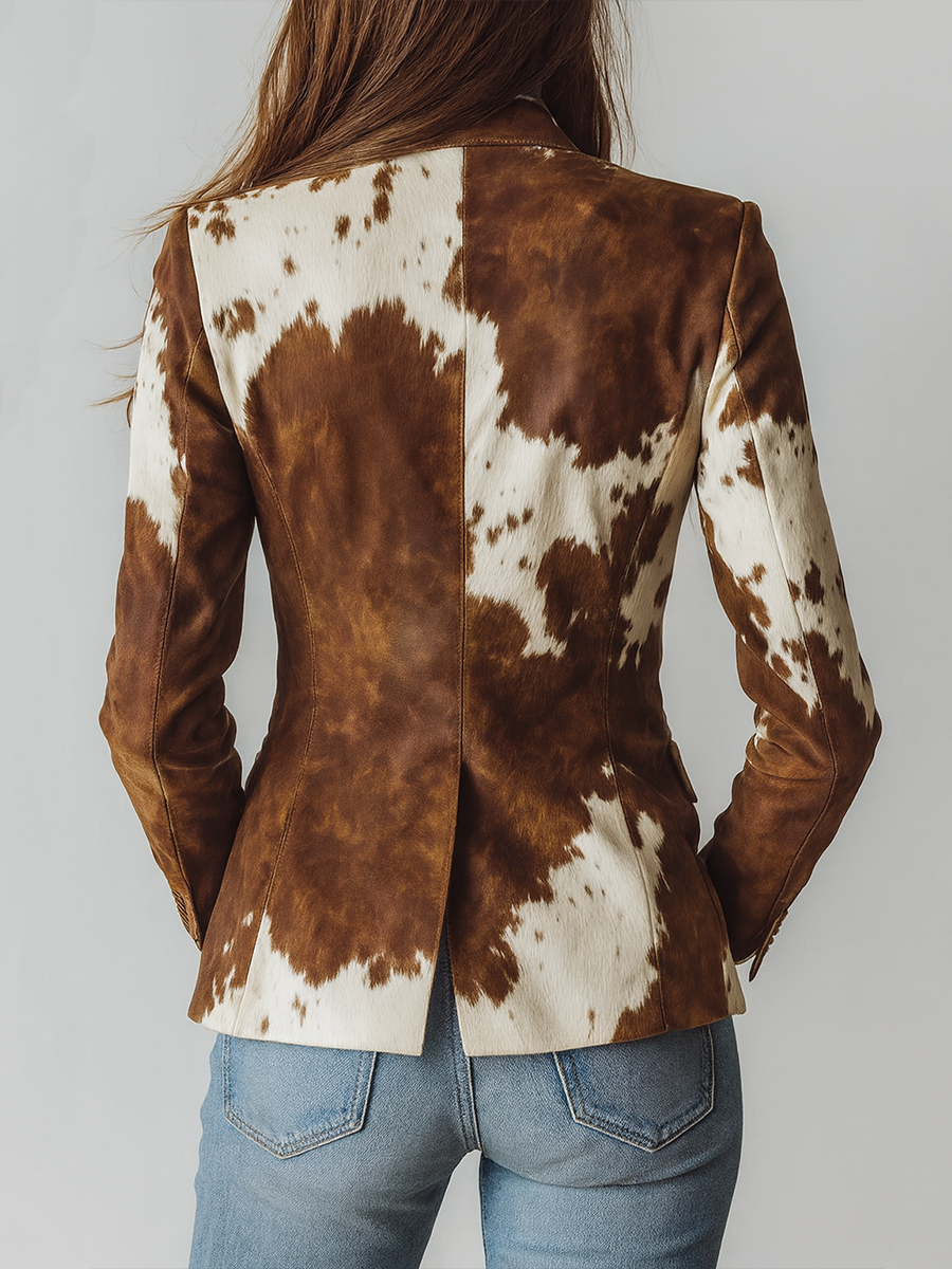 Eco-Friendly Vintage Women's Blazer with Cow Print