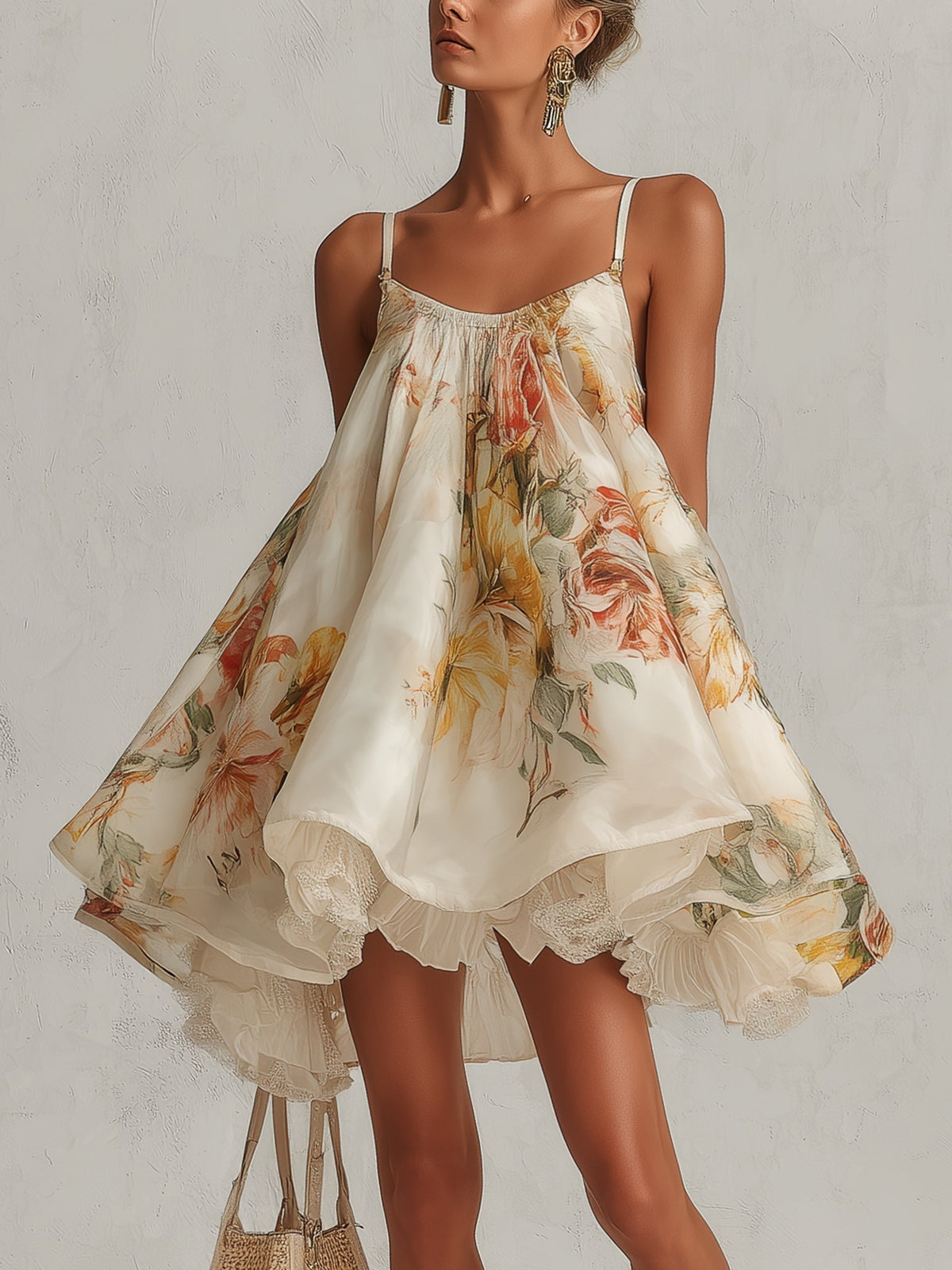 Béatrice | Beige Floral Organza A-Line Mini Dress with Lace Trim