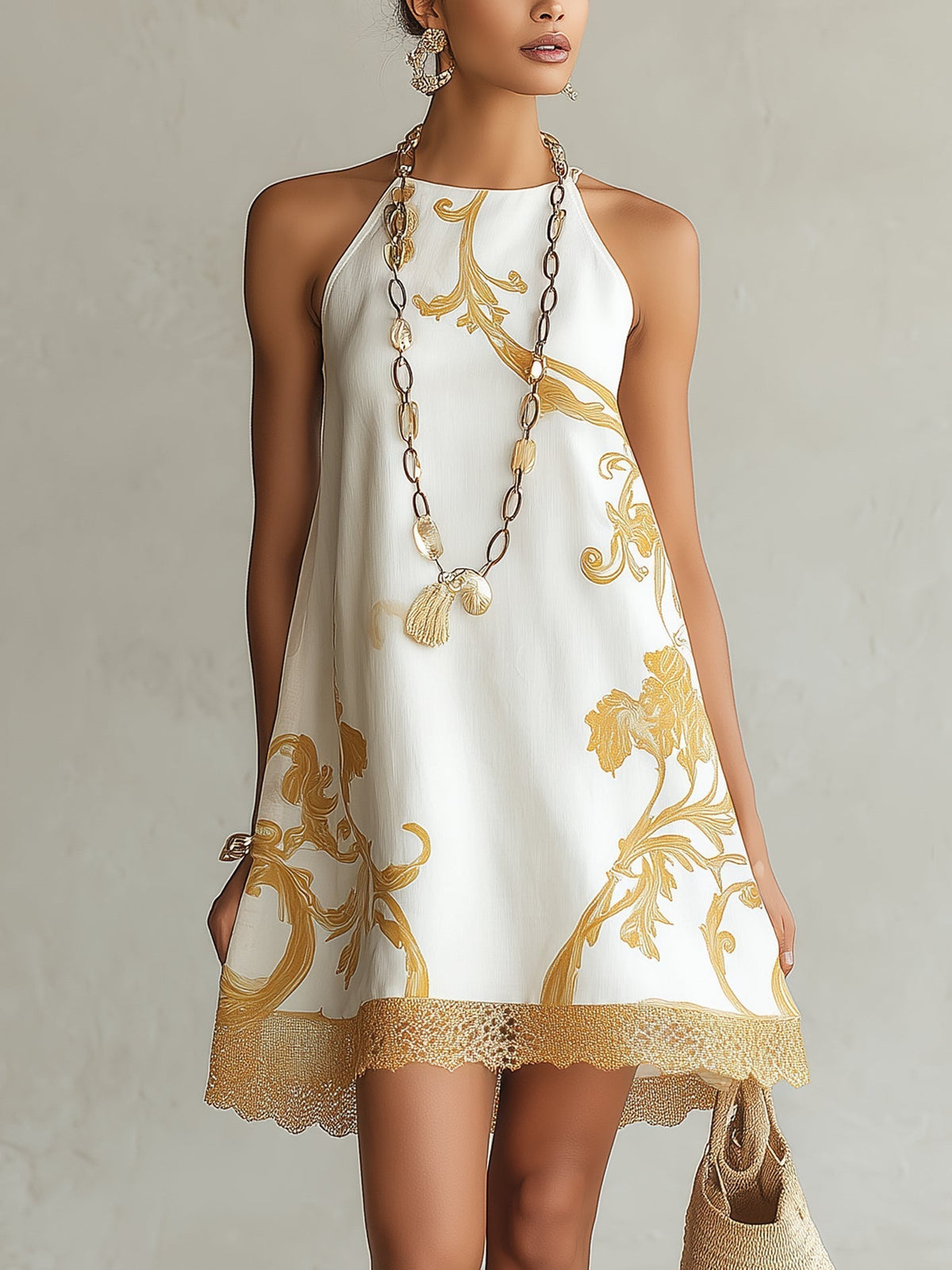 Héloïse | White Mini Lace Dress with Golden Patterns