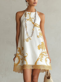 Héloïse | White Mini Lace Dress with Golden Patterns