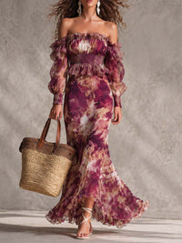 Rosine | Antique Pink Maxi Dress with Off-Shoulder Sleeves, Floral Pattern