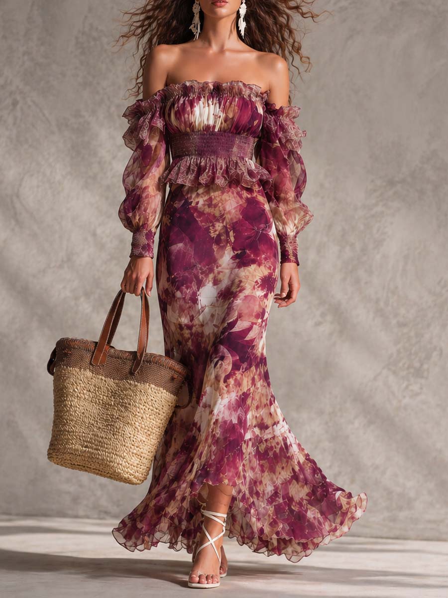 Rosine | Antique Pink Maxi Dress with Off-Shoulder Sleeves, Floral Pattern