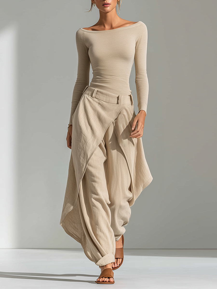 Beige Boat Neck Top and Layered Wide-Leg Trouser Set