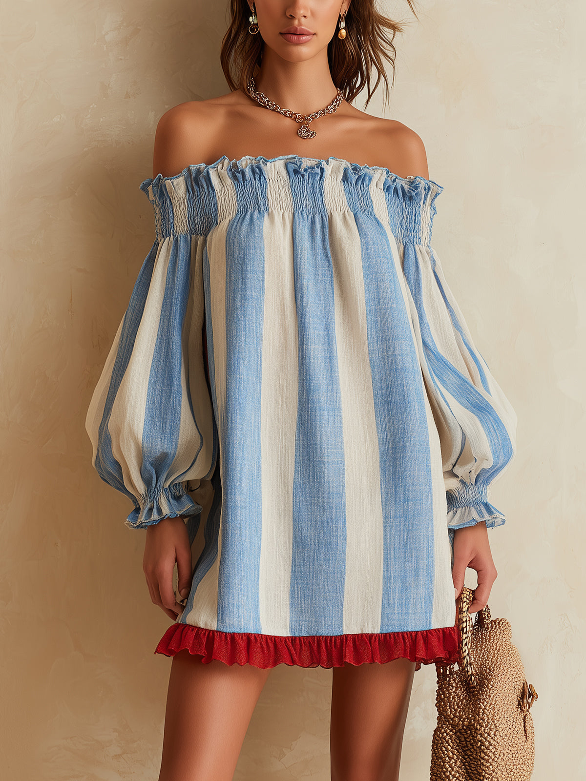 Ondine | Mini Striped Dress in Blue and White with Off-the-Shoulder and Contrasting Hem