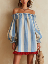 Ondine | Mini Striped Dress in Blue and White with Off-the-Shoulder and Contrasting Hem