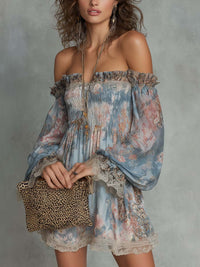 Romane | Mini Dress in Gathered Chiffon with Off-Shoulder and Romantic Flowers