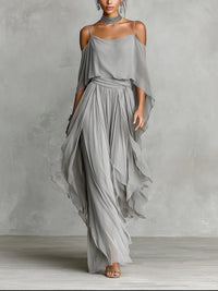 Elegant Grey Off-Shoulder Flowy Chiffon Camisole and Trousers Set