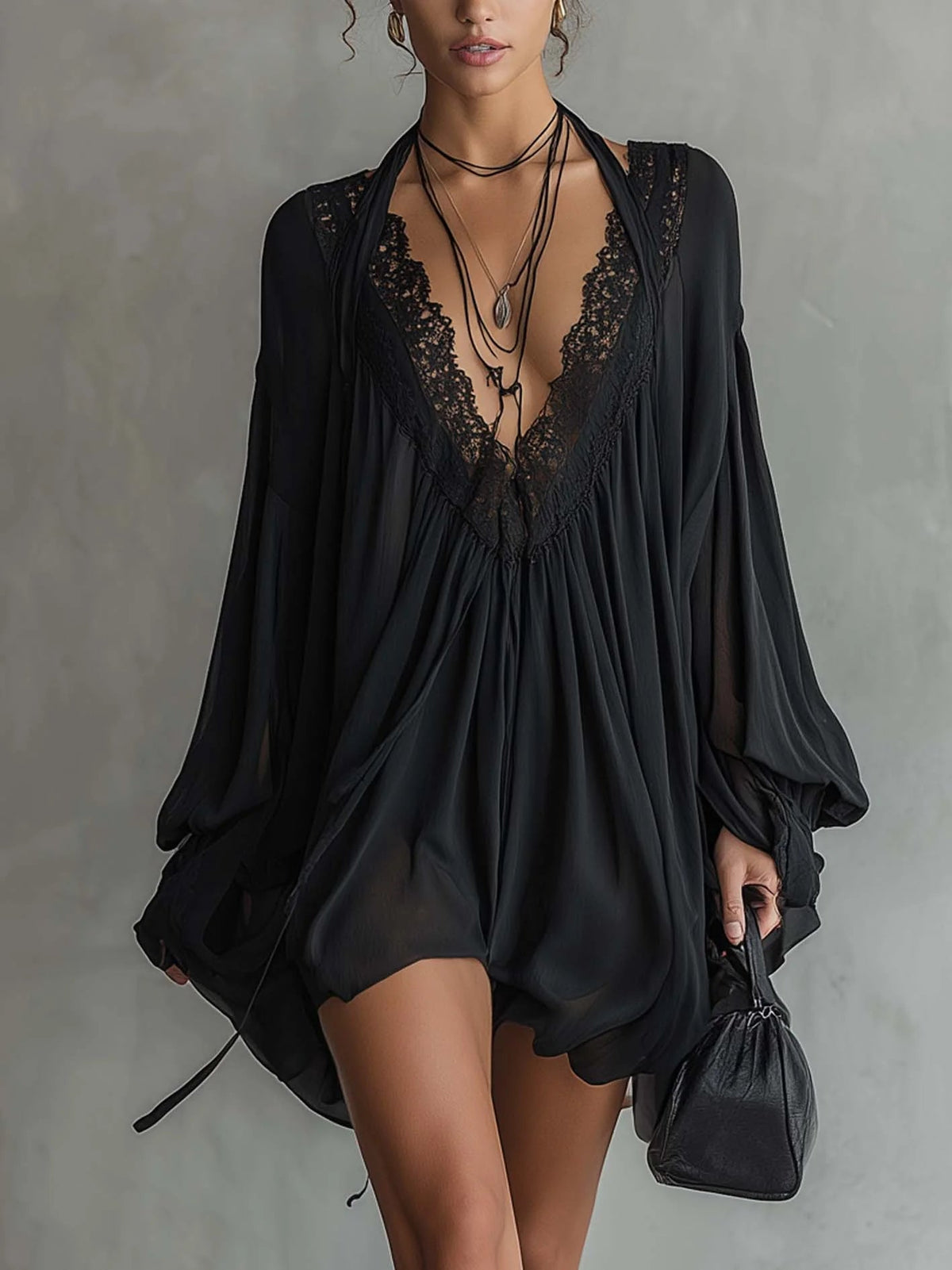 Cassandre | Black Chiffon Mini Dress with Lace Collar