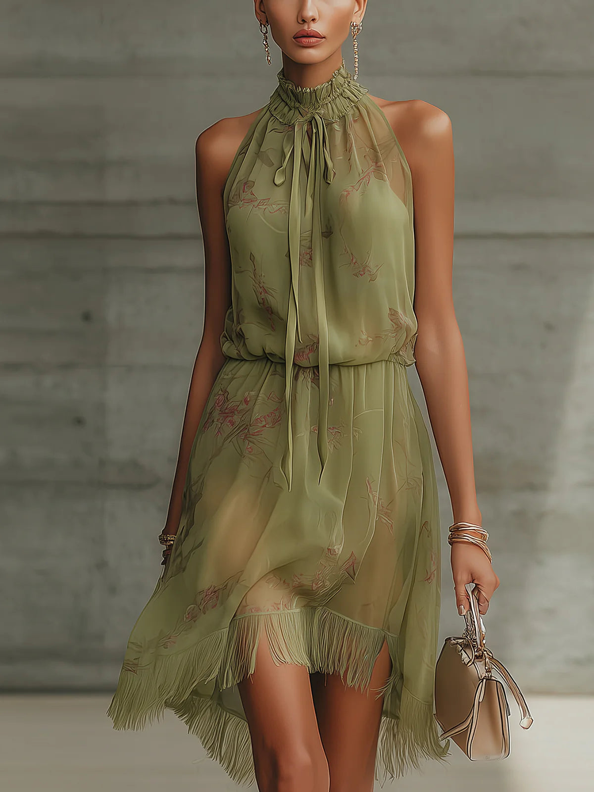 Sylvie | Green Floral Chiffon Mini Dress, High Waist