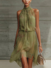 Sylvie | Green Floral Chiffon Mini Dress, High Waist