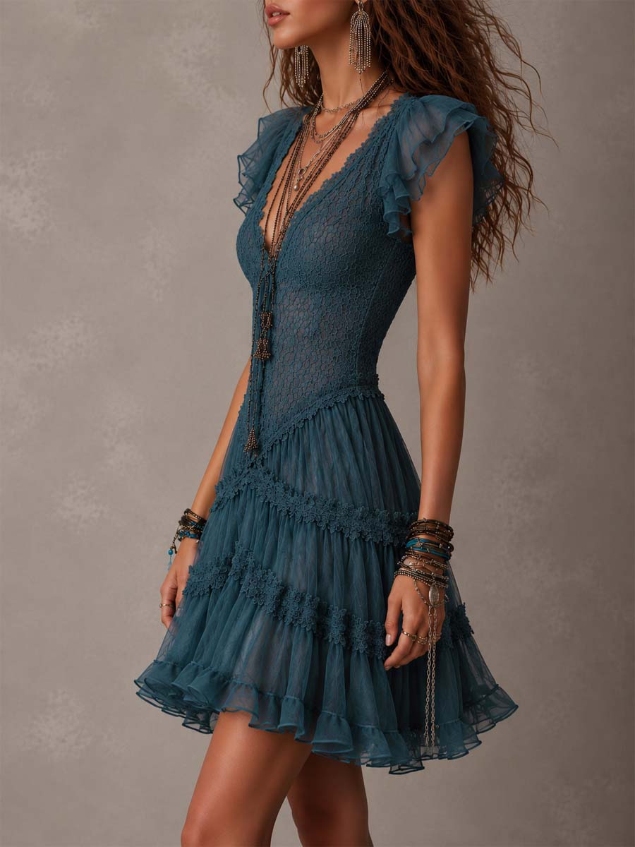 Azurine | Retro Blue Lace Ruffled Mini Dress and Chiffon