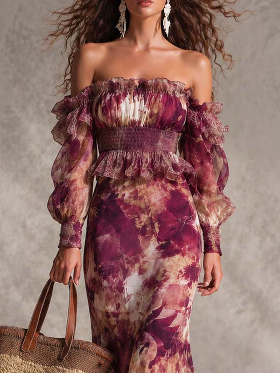 Rosine | Antique Pink Maxi Dress with Off-Shoulder Sleeves, Floral Pattern