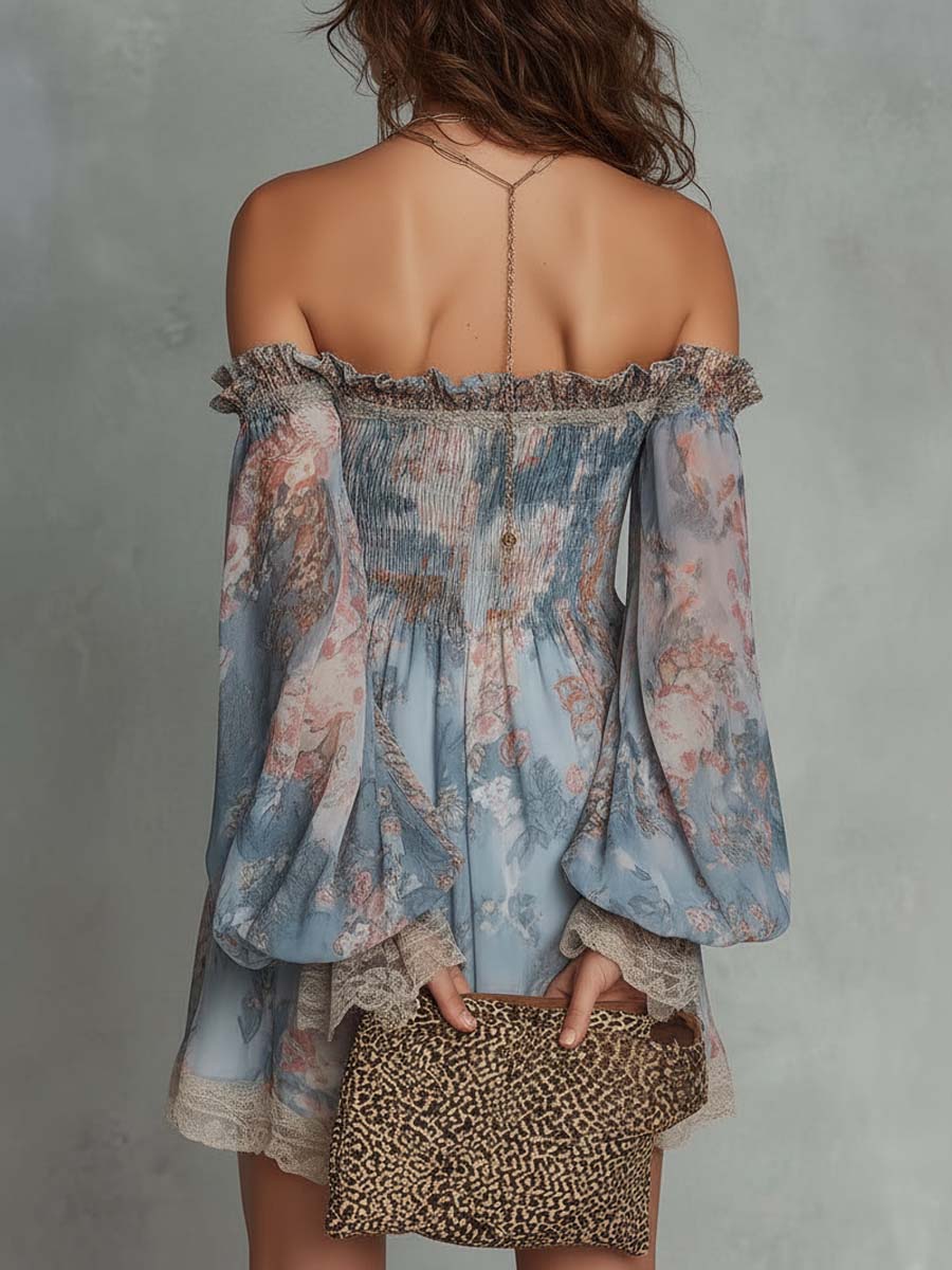 Romane | Mini Dress in Gathered Chiffon with Off-Shoulder and Romantic Flowers