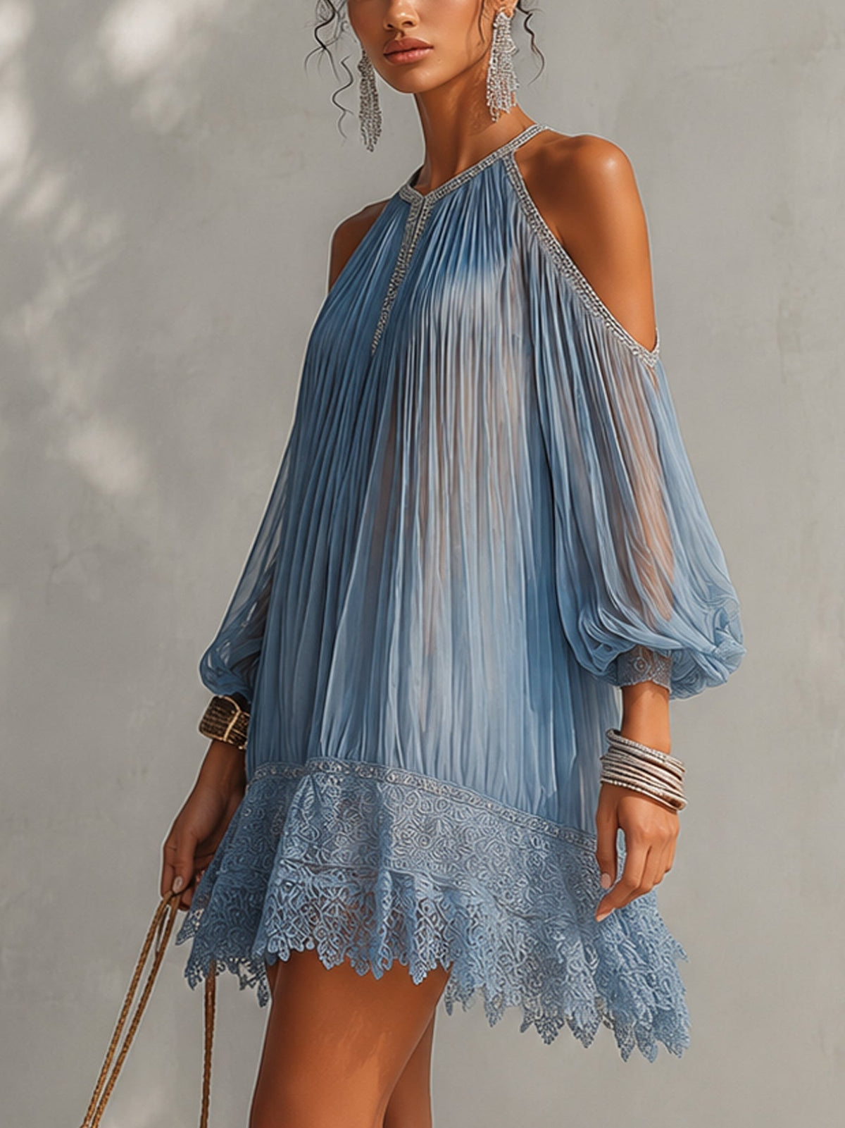 Séraphine | Blue Mini Dress with Off-Shoulder Design, Gathered and Lace Hem
