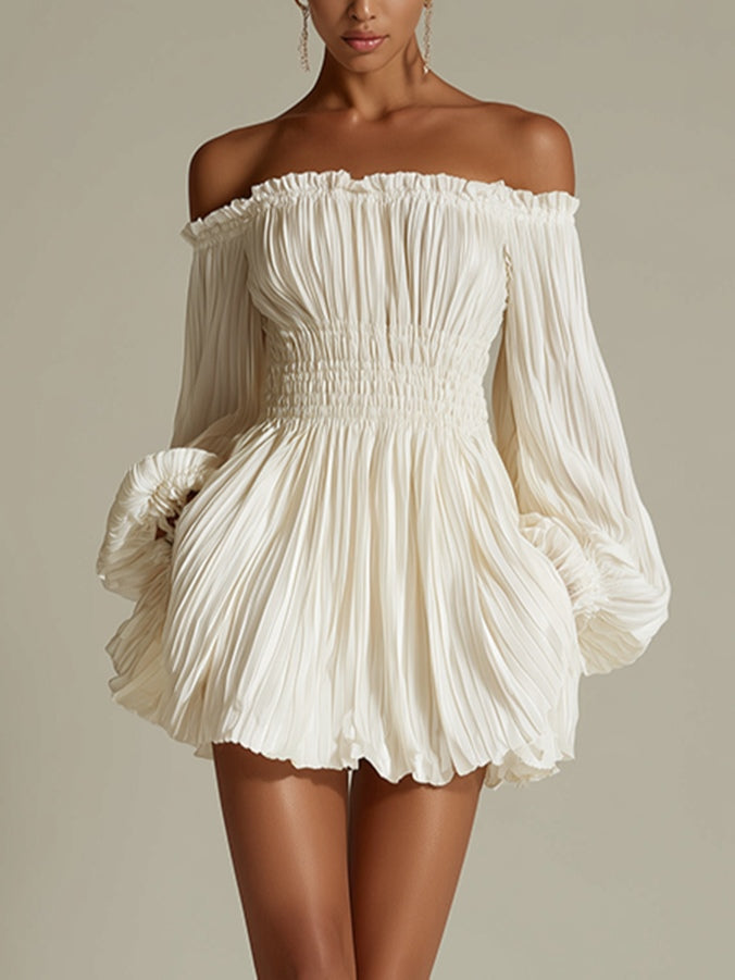 Candide | Mini White Dress with Off-Shoulder Sleeves, Ruched Waist