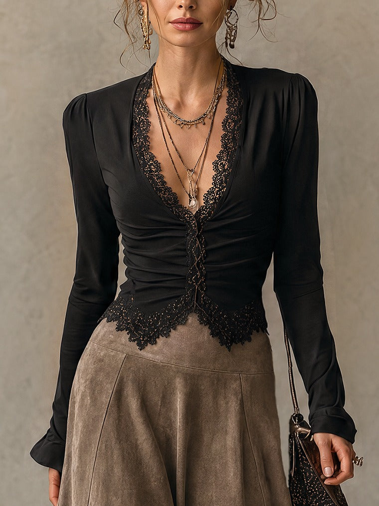 Black lace-trimmed top and faux-suede flared maxi skirt set