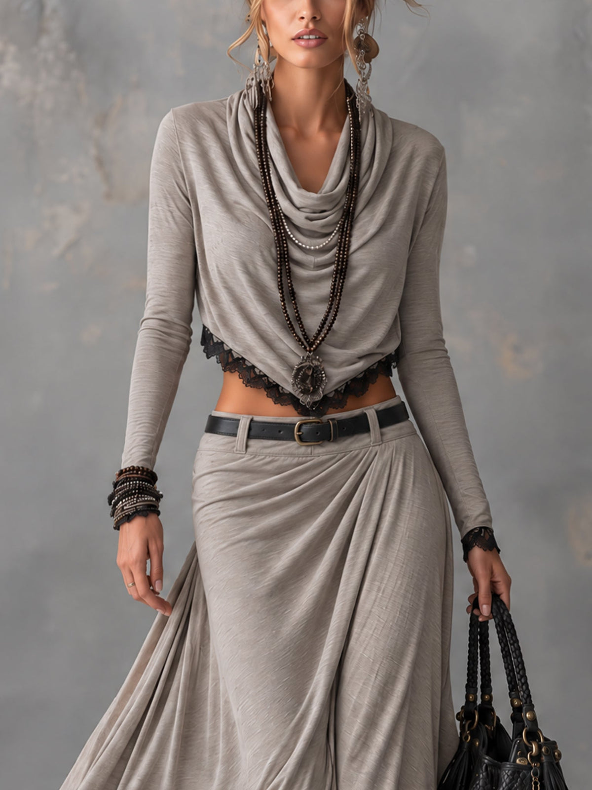 NOA | Gray Draped Top and Skirt Set