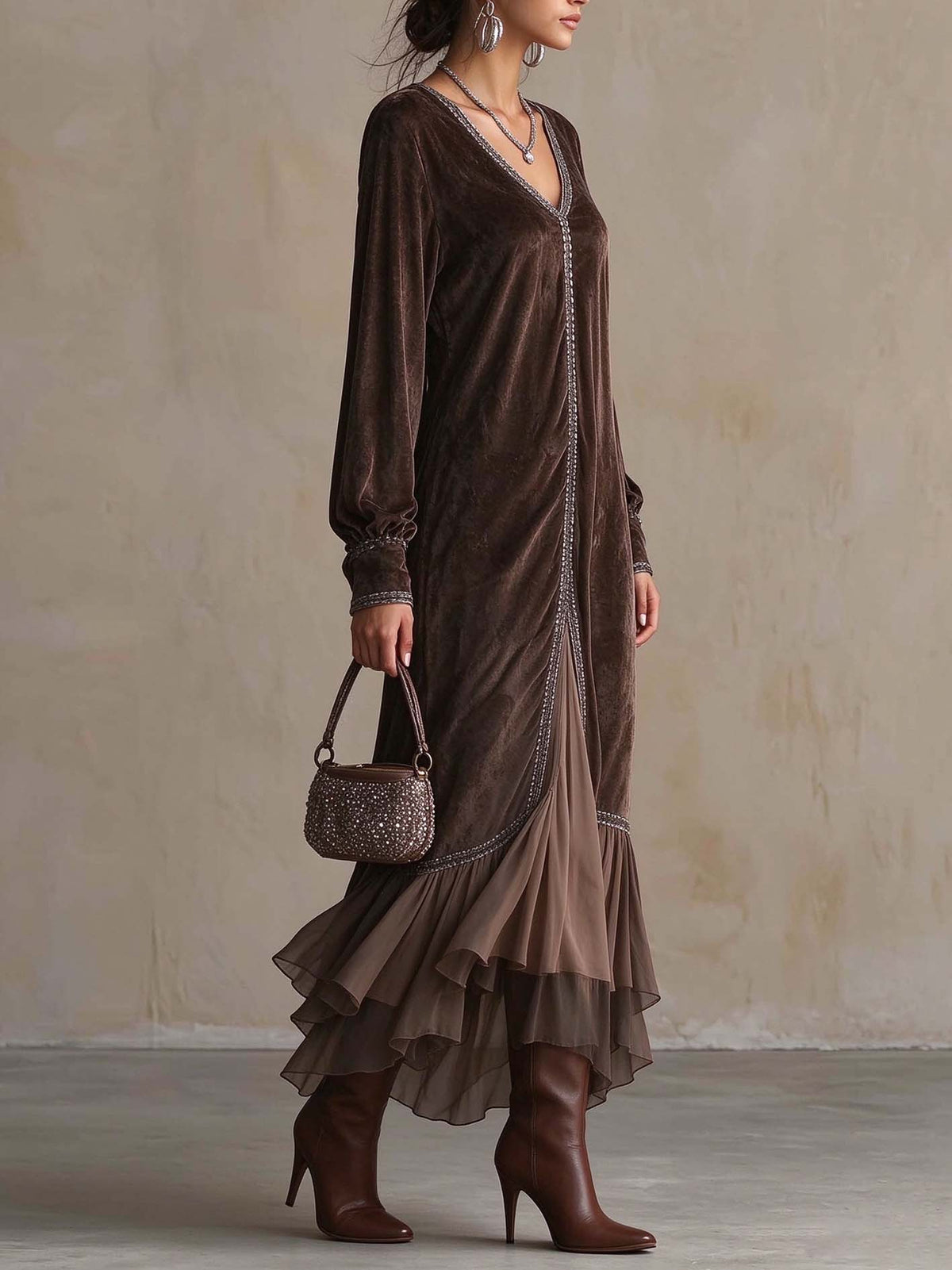 TERESA | Brown Suede-Look Midi Dress