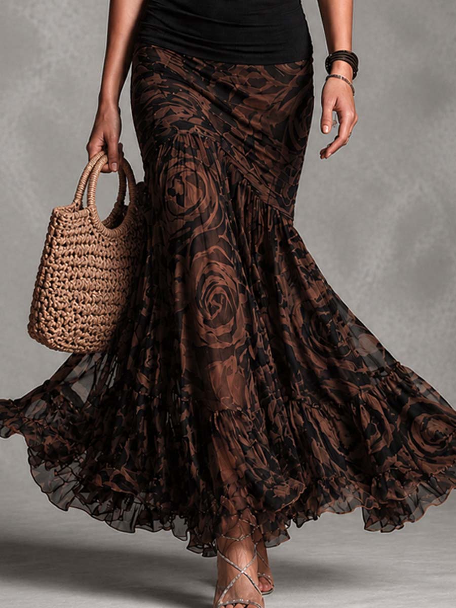 Retro Black Cami and Brown Printed Mesh Skirt Set
