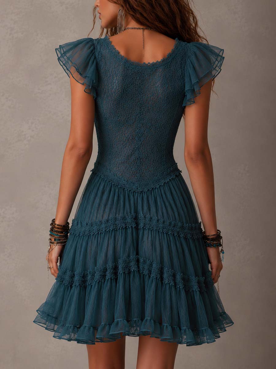 Azurine | Retro Blue Lace Ruffled Mini Dress and Chiffon