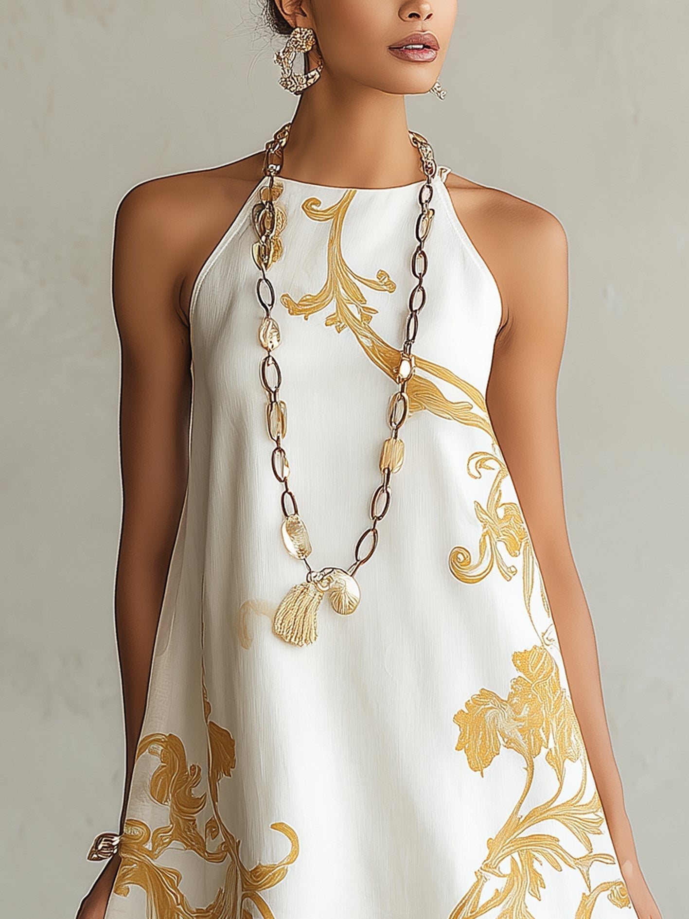 Héloïse | White Mini Lace Dress with Golden Patterns