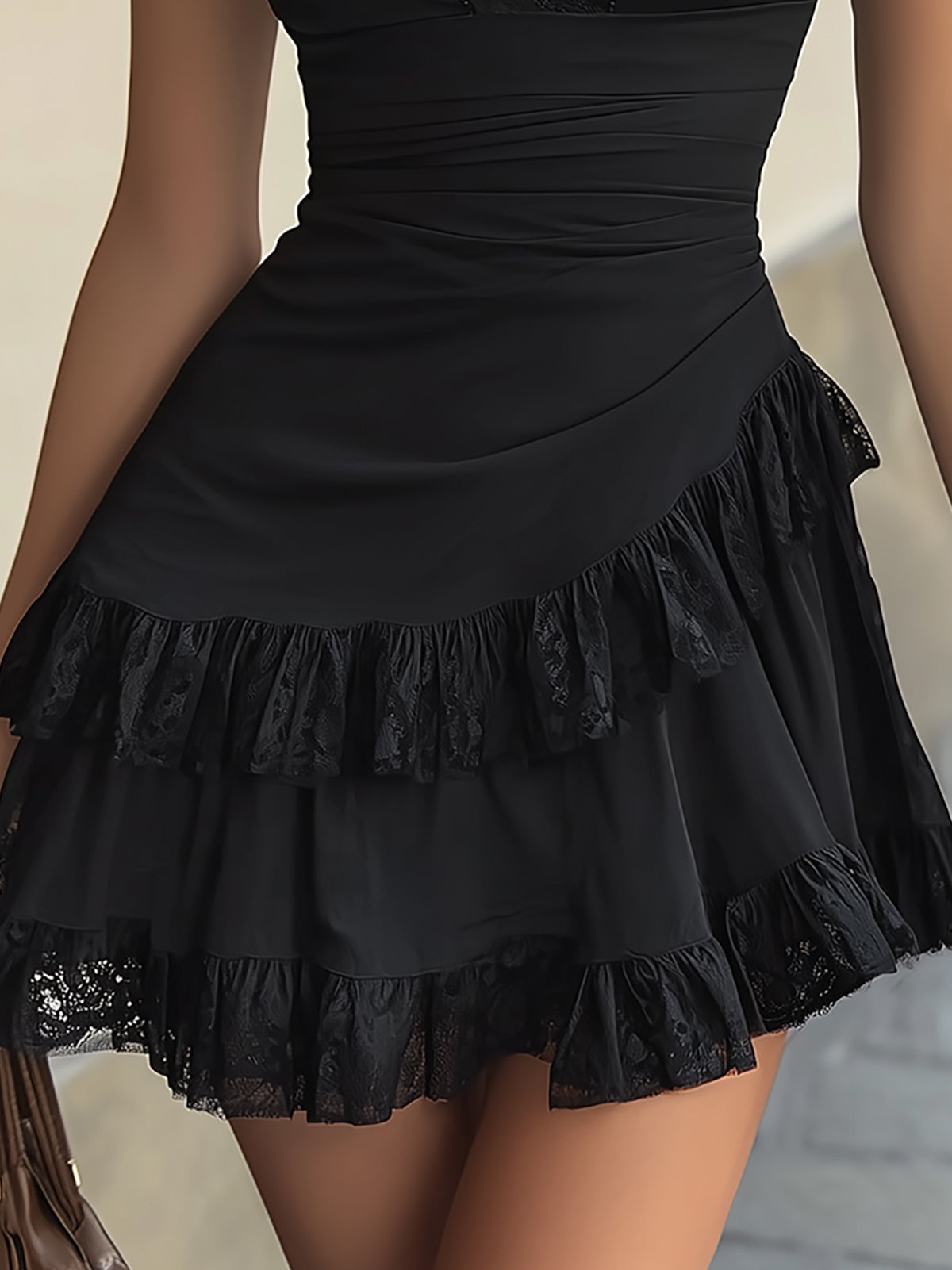 Estelle | Black Lace Ruffled Mini Dress with V-Neck