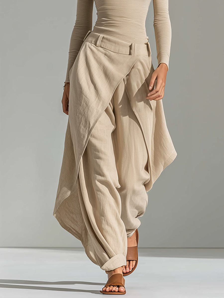 Beige Boat Neck Top and Layered Wide-Leg Trouser Set