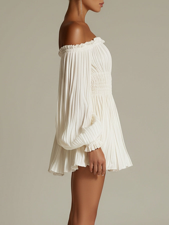 Candide | Mini White Dress with Off-Shoulder Sleeves, Ruched Waist