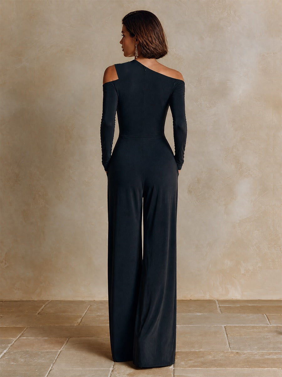 Black One-Shoulder Party Wide-Leg Jumpsuit