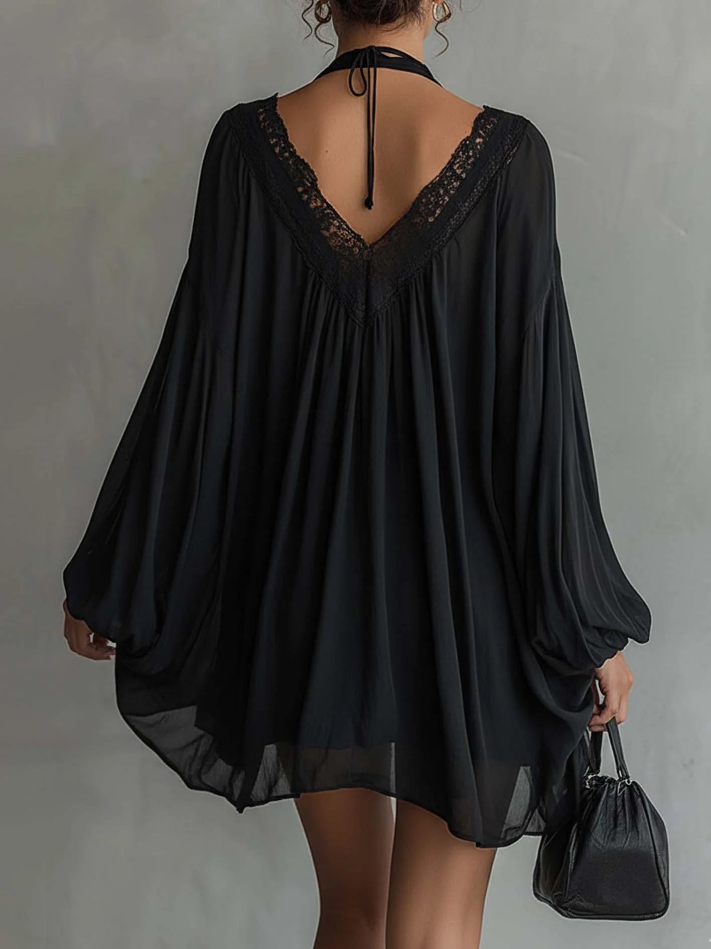 Cassandre | Black Chiffon Mini Dress with Lace Collar