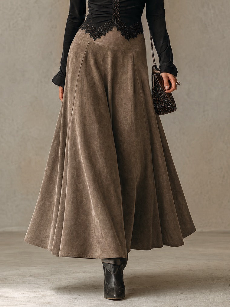 Black lace-trimmed top and faux-suede flared maxi skirt set