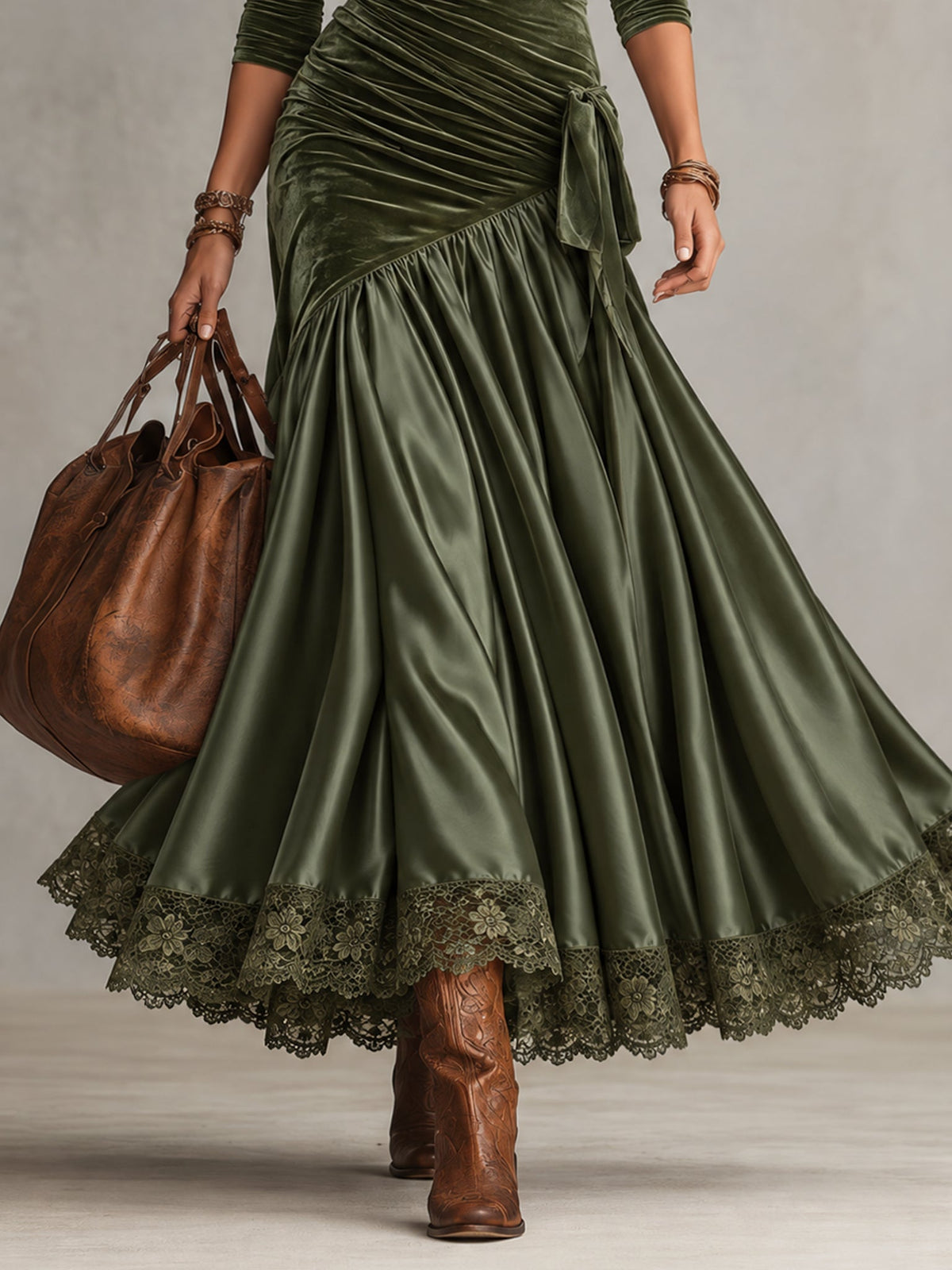 NEREA | Velvet & Satin Lace-Hem Dress