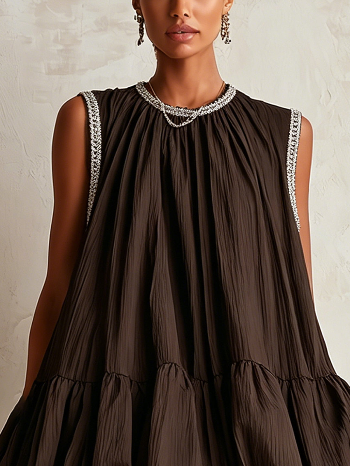 Colette | Brown Sleeveless Mini Dress with Puff Hem