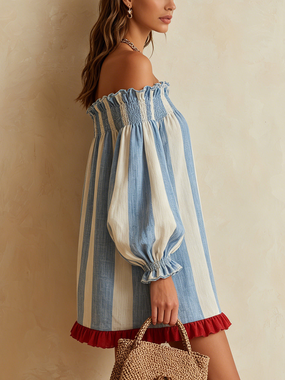 Ondine | Mini Striped Dress in Blue and White with Off-the-Shoulder and Contrasting Hem