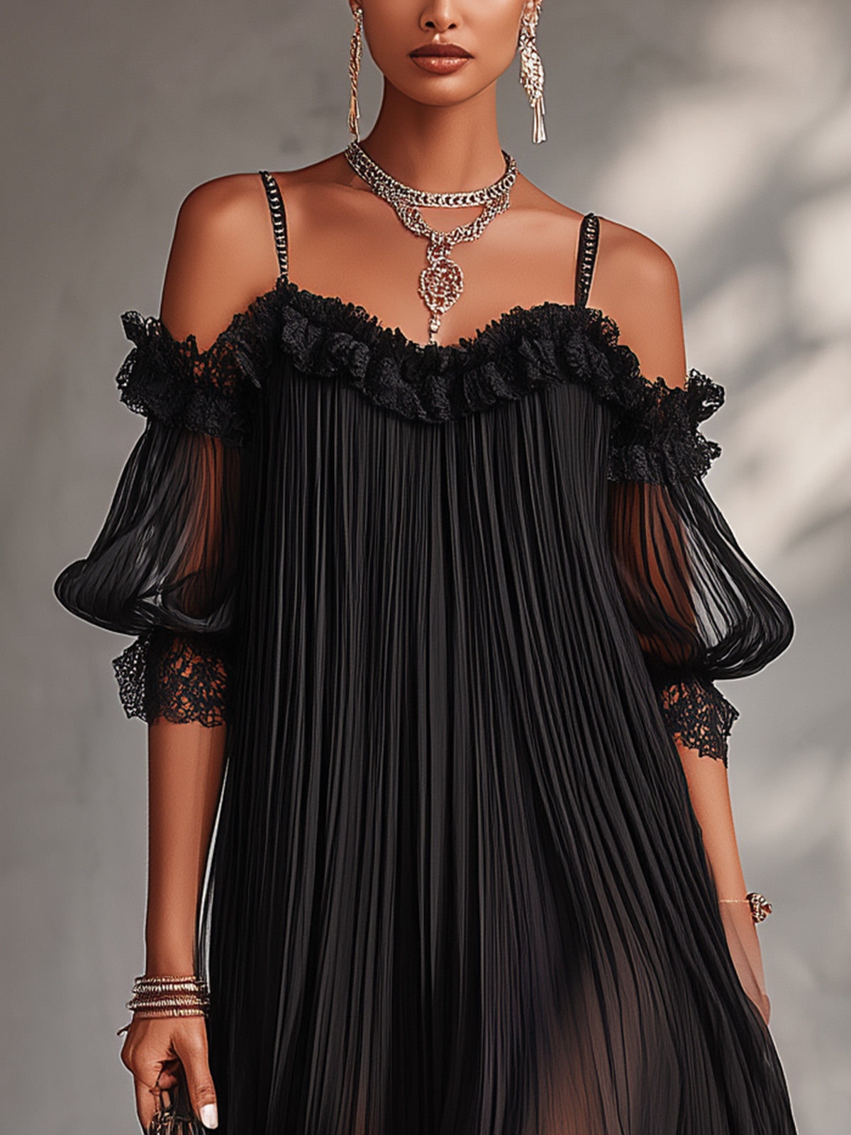 Camille | Black Chiffon Mini Dress with Off-the-Shoulder Design and Lace Trim