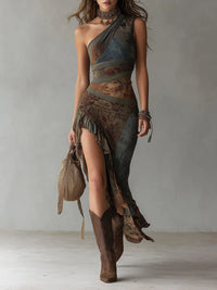 Ethnic-Style Printed One-Shoulder Maxi Dress with High Slit