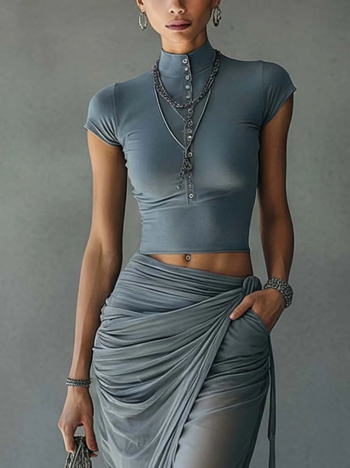 Blue Cropped T-Shirt with Sheer Mesh Draped Skirt Set