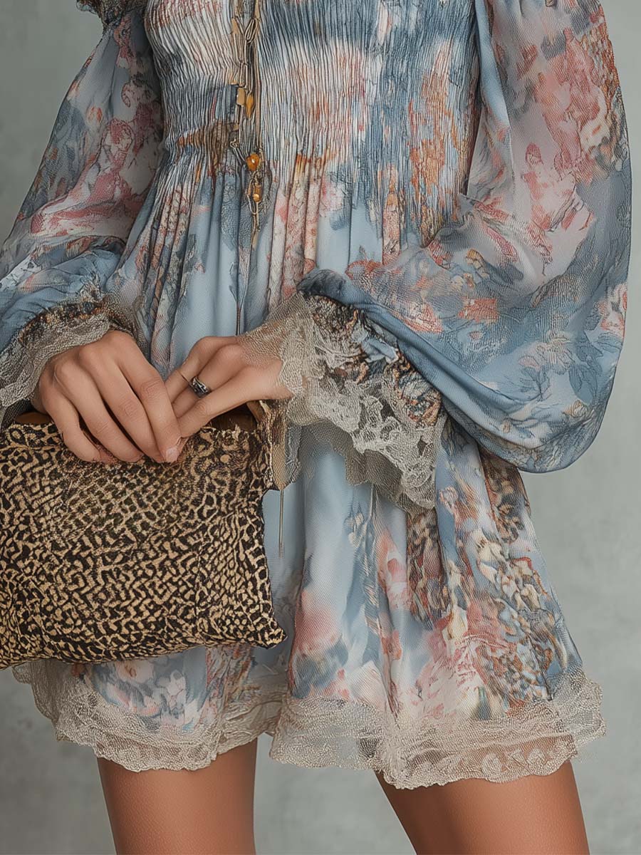 Romane | Mini Dress in Gathered Chiffon with Off-Shoulder and Romantic Flowers