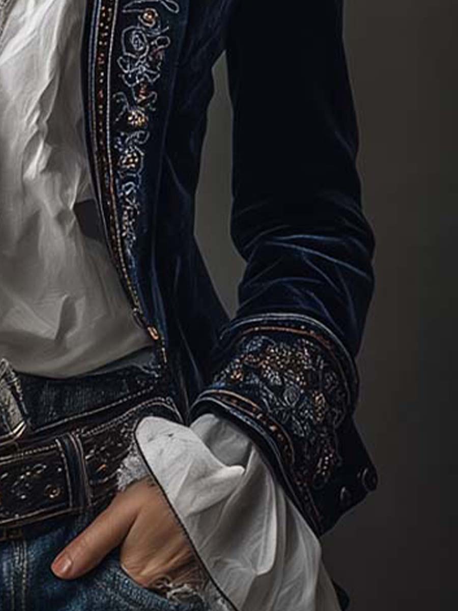 Vintage Navy Blue Embroidered Long Women's Jacket