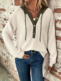 Long Sleeve Hoodie with Button Closure and Drawstring