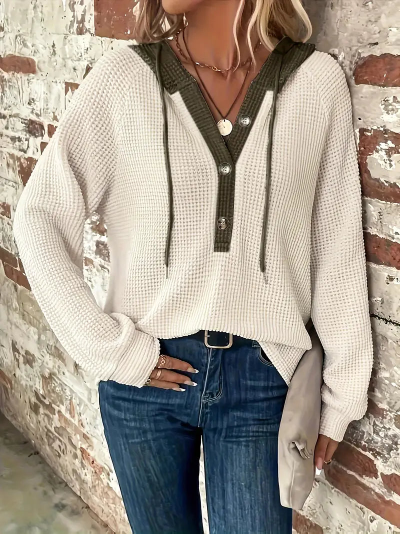 Long Sleeve Hoodie with Button Closure and Drawstring