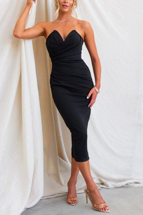 8 Colors Margovil Strapless Tube Top Ruched Back Slit Midi Party Dress