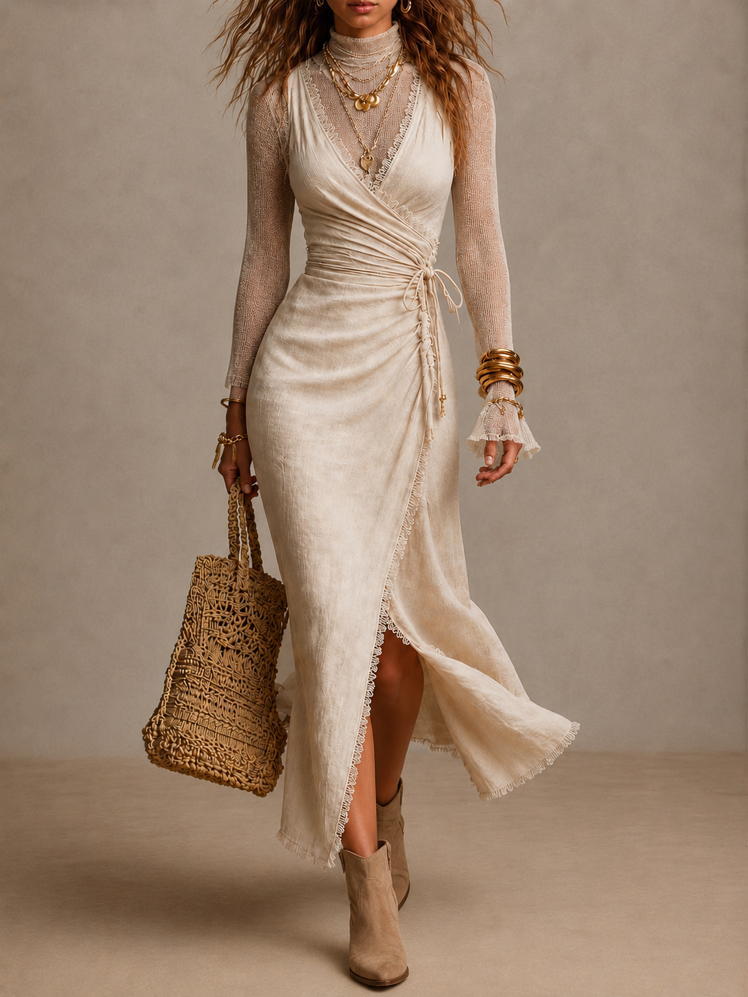 Marisol | Linen Wrap Midi Dress with Lace Trim