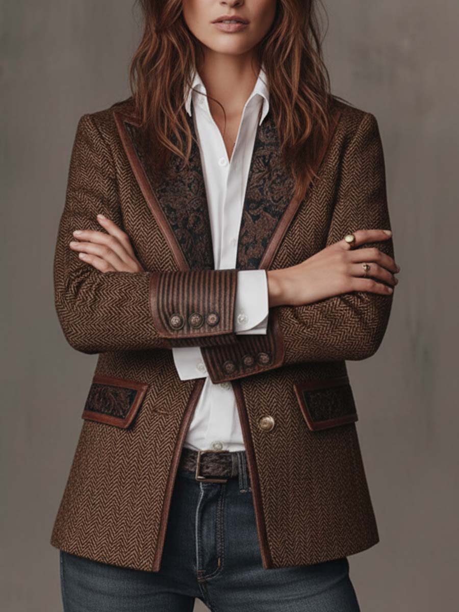 Houndstooth Women's Blazer with Printed Panels