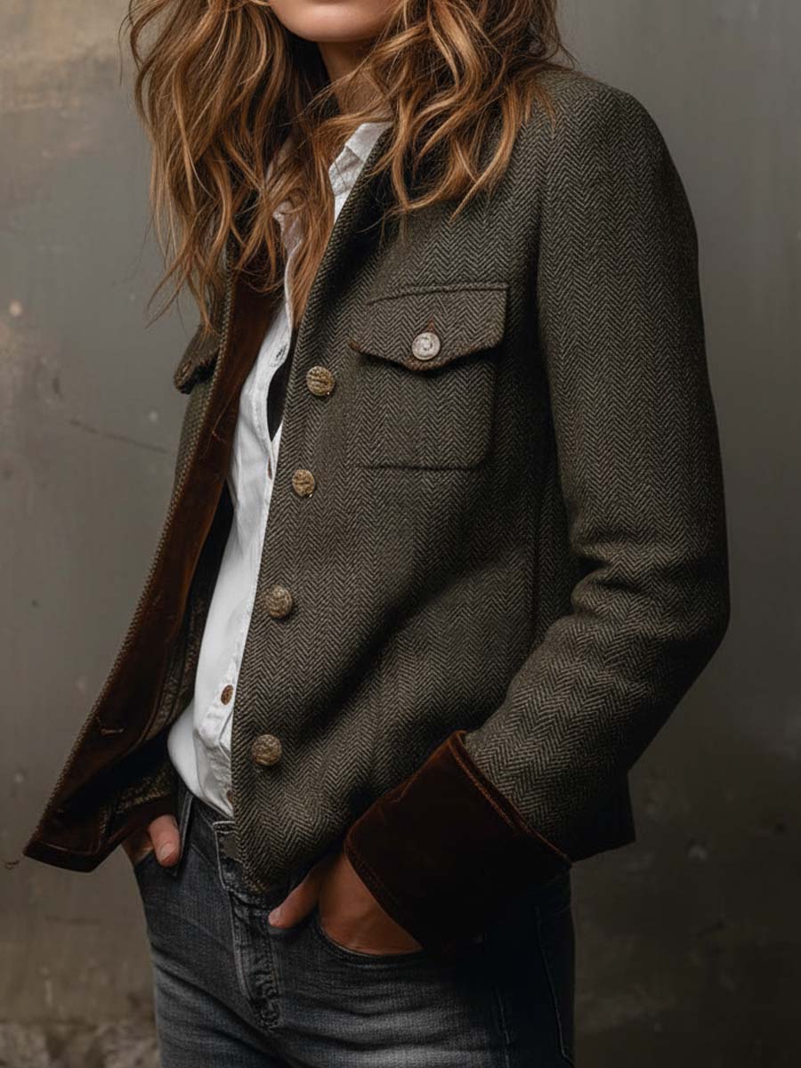 Vintage Women's Houndstooth Blazer with Contrast Edges