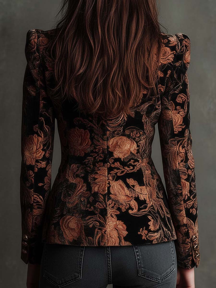 Women's Tailored Blazer with Black and Bronze Floral Print